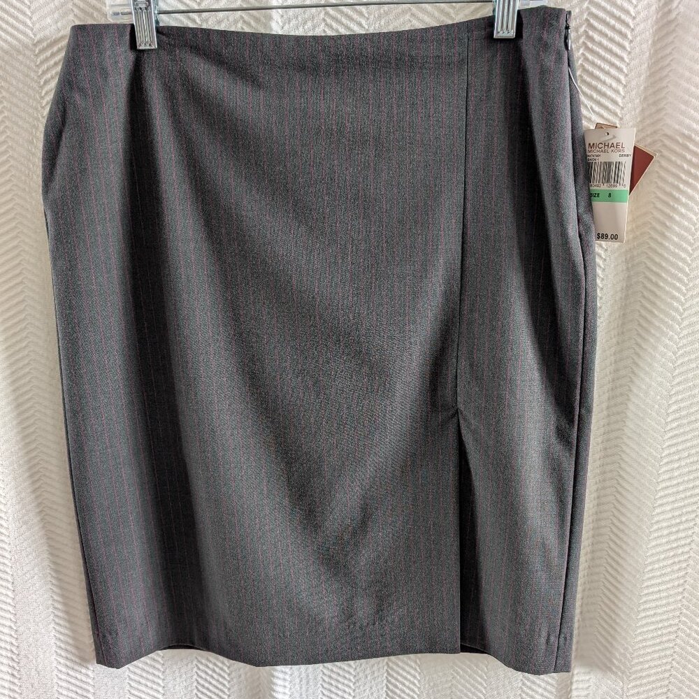 Michael Michael Kors Skirt High Slit Gray Pink Pinstripes Size 8 NWT Corp Core